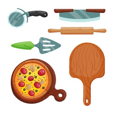 İtalyan aşçı pizza simgeler illüstrasyon vektör.