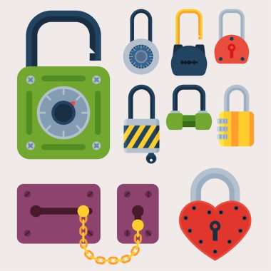 Anahtar ve asma kilit, koruma güvenlik anahtar deliği vektör çizim vektör Emanet parola gizlilik öğesi farklı ev kapı kilit Icons set.