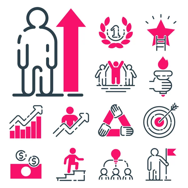 Gráfico de conceito de motivação ícone rosa estratégia de negócios desenvolvimento design e gestão liderança trabalho em equipe crescimento criatividade escritório formação vetor . —  Vetores de Stock
