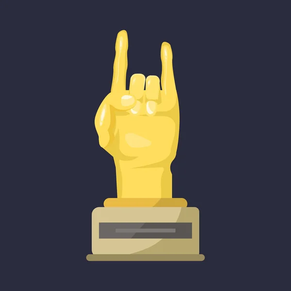 Arany rock star trófea kézzel Megjegyzés legjobb zeneszó nyer clef eredmény és egészséges fényes arany dallamot siker díj talapzat győzelem vektoros illusztráció. — Stock Vector