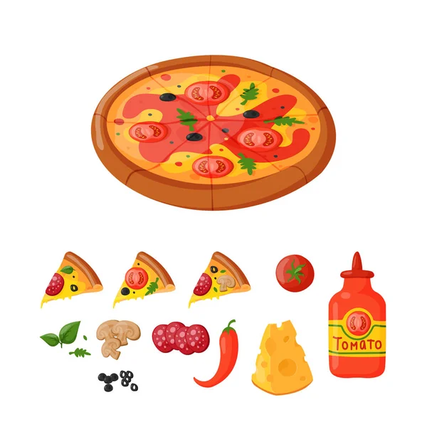 Warme verse pizza ingrediënten iconen vector illustratie. — Stockvector