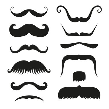 Siluet vektör siyah beyaz bıyık saç hipster kıvırcık koleksiyonu sakal Kuaför ve beyefendi sembolü moda insan yüz verdi vektör çizim.