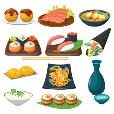Suşi Japon mutfağının geleneksel gıda düz sağlıklı gurme simgeler ve oryantal Restoran Asya yemek tabağı kültür rulo vektör çizim pirinç.