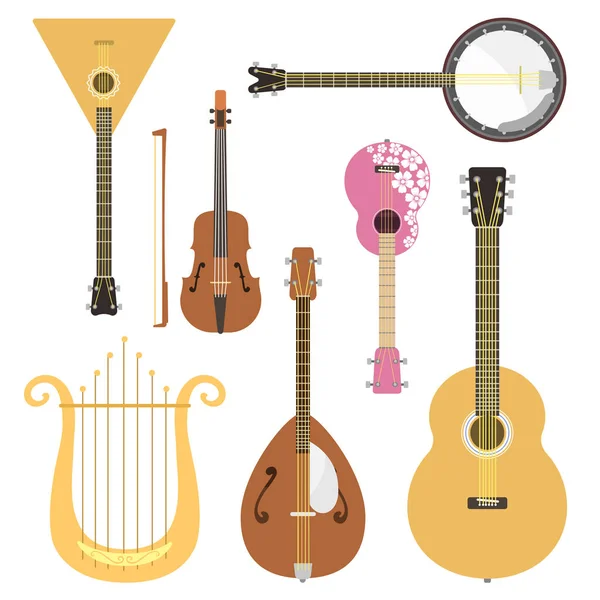 Set di strumenti musicali a corda orchestra classica strumento sonoro arte e sinfonia acustica violino a corda attrezzature in legno vettoriale illustrazione — Vettoriale Stock