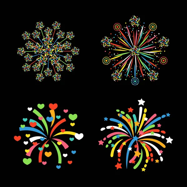 Fuegos artificiales diferentes formas vector festivo colorido . — Archivo Imágenes Vectoriales