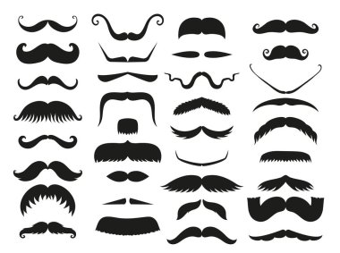 Siluet vektör siyah beyaz bıyık saç hipster kıvırcık koleksiyonu sakal Kuaför ve beyefendi sembolü moda insan yüz verdi vektör çizim.