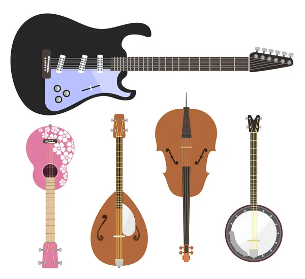 Conjunto de instrumentos musicales de cuerda orquesta clásica herramienta de sonido de arte y sinfonía acústica violín de cuerda equipo de madera vector ilustración — Vector de stock