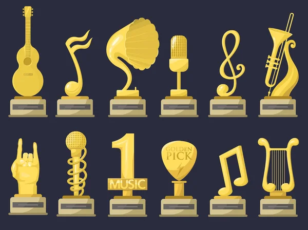 Zlatá hvězda trofej rocku uvádí nejlepší zábavní win úspěch clef a zvuk lesklé zlaté melodie úspěch cena podstavec vítězství vektorové ilustrace. — Stockový vektor