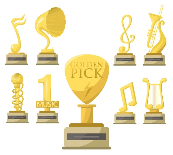 Gold rock star trophée musique notes meilleur divertissement victoire réalisation clef et son brillant succès mélodie d'or prix piédestal victoire vectoriel illustration . — Image vectorielle