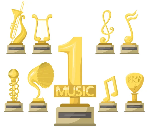 Gold rock estrella trofeo música notas mejor entretenimiento ganar logro clave y sonido brillante melodía dorada éxito premio pedestal victoria vector ilustración . — Vector de stock