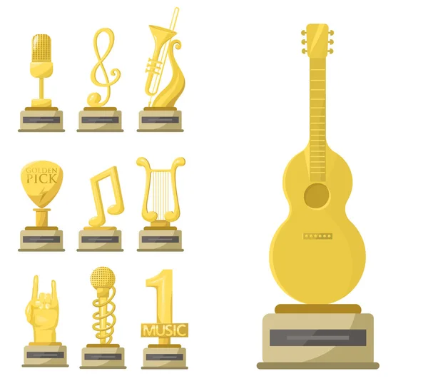 En iyi eğlence kazanmak başarı nota anahtarı ve ses parlak altın melodi başarı ödülü Kaide zafer gitar vektör çizim altın rock star kupa müzik notlar. — Stok Vektör