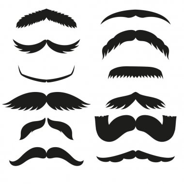 Siluet vektör siyah beyaz bıyık saç hipster kıvırcık koleksiyonu sakal Kuaför ve beyefendi sembolü moda insan yüz verdi vektör çizim.