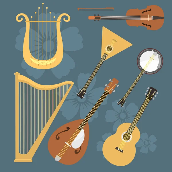 Set of stringed musical instruments classical orchestra art sound tool and acoustic symphony stringed fiddle wooden equipment vector illustration — Stock Vector