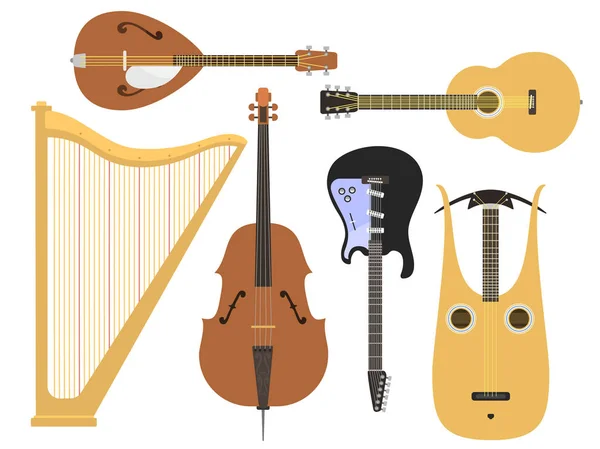 Набір струнних музичних інструментів класичний оркестровий мистецький звуковий інструмент та акустична симфонія струнна скрипкова дерев'яна техніка Векторні ілюстрації — стоковий вектор