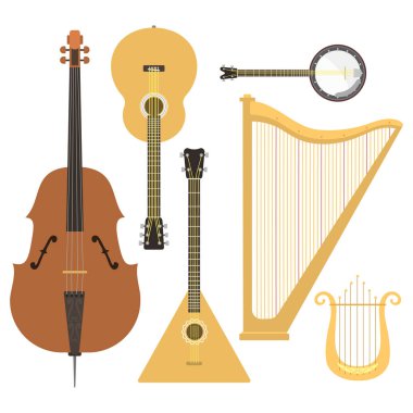 Yaylı müzik aletleri klasik Orkestrası sanat ses aracını ve akustik Senfoni yaylı keman ahşap donanımları vektör çizim