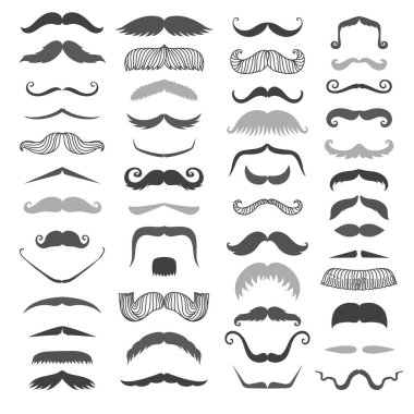 Siluet vektör siyah beyaz bıyık saç hipster kıvırcık koleksiyonu sakal Kuaför ve beyefendi sembolü moda insan yüz verdi vektör çizim.