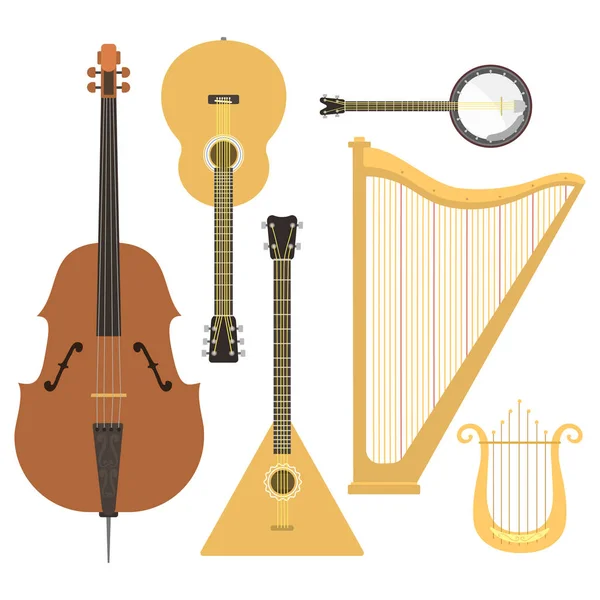 Set of stringed musical instruments classical orchestra art sound tool and acoustic symphony stringed fiddle wooden equipment vector illustration — Stock Vector