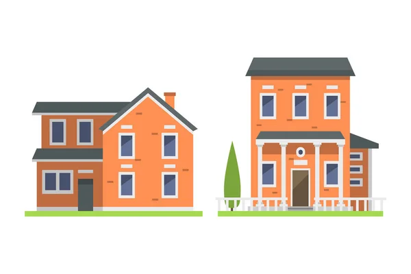 Leuke kleurrijke vlakke stijl huis dorp symbool vastgoed cottage en huisontwerp kleurrijke woongebouw bouw vector illustratie. — Stockvector