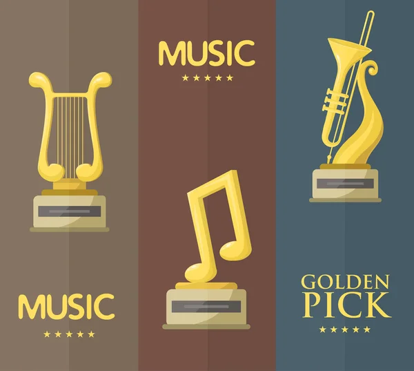 Gouden sterren trofee rockmuziek merkt beste entertainment win prestatie clef en geluid glanzende gouden melodie succes prijs voetstuk overwinning banner vectorillustratie. — Stockvector