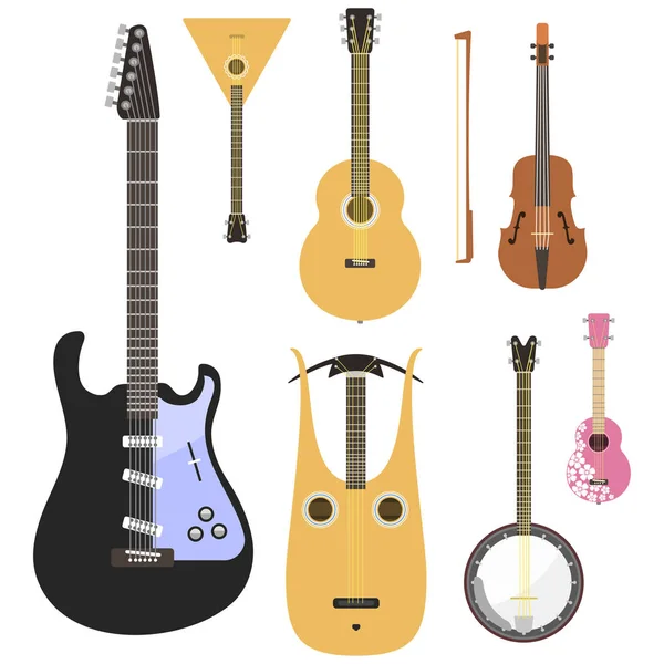 Conjunto de instrumentos musicales de cuerda orquesta clásica herramienta de sonido de arte y sinfonía acústica violín de cuerda equipo de madera vector ilustración — Vector de stock