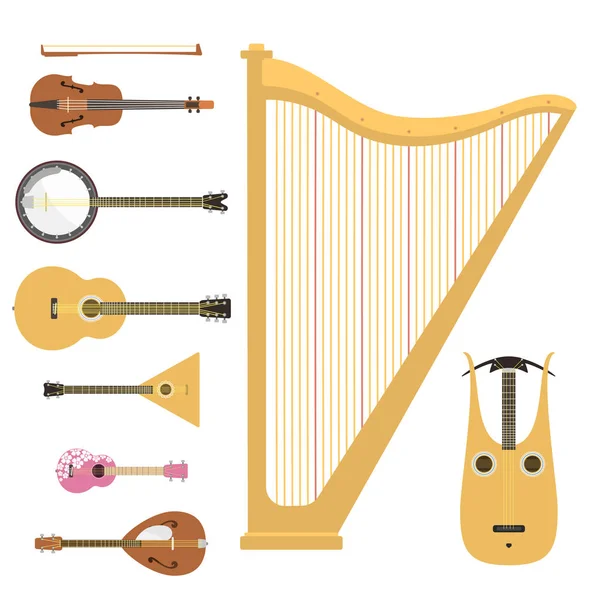 Set of stringed musical instruments classical orchestra art sound tool and acoustic symphony stringed fiddle wooden equipment vector illustration — Stock Vector