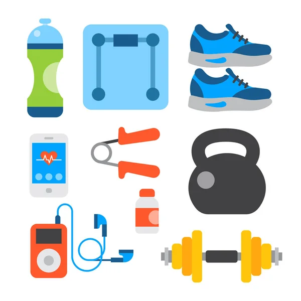 Flache Symbole Set von Fitness-Sportgeräten und gesunder Lebensstil Bewegung ergänzt Wohlbefinden Körper modernes Design Stil Vektor Symbole Sammlung. — Stockvektor