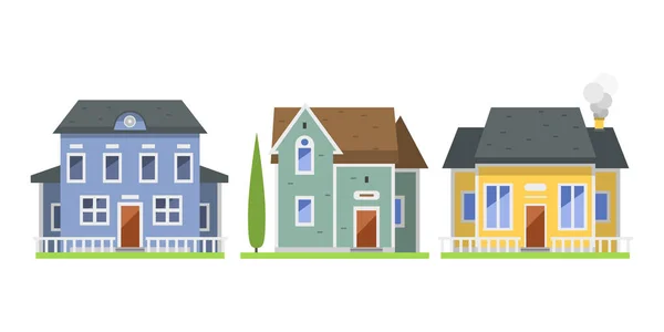 Roztomilé barevné ploché styl domu vesnice symbol nemovitostí chaty a stavební barevné činžovní Bytový design vektorové ilustrace. — Stockový vektor