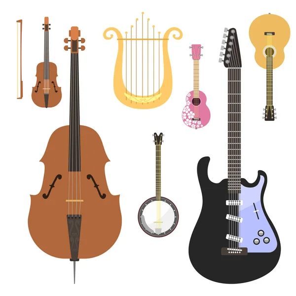 Set of stringed musical instruments classical orchestra art sound tool and acoustic symphony stringed fiddle wooden equipment vector illustration — Stock Vector