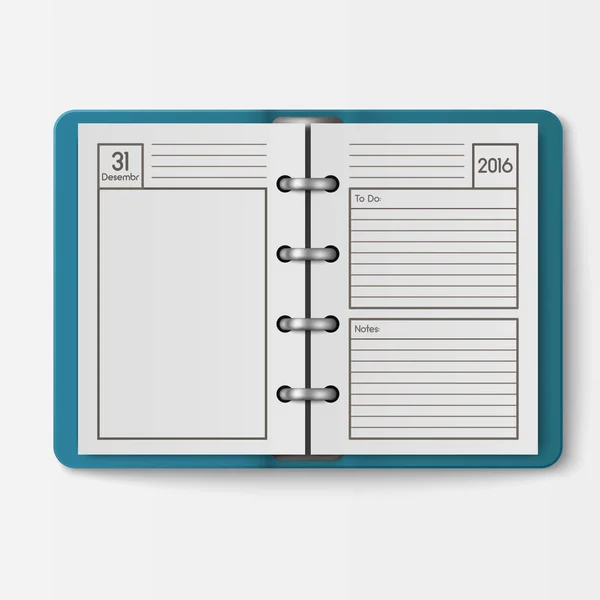 Abrir cuaderno realista con páginas diario hoja de oficina plantilla folleto y papel en blanco educación copybook organizador vector ilustración . — Archivo Imágenes Vectoriales