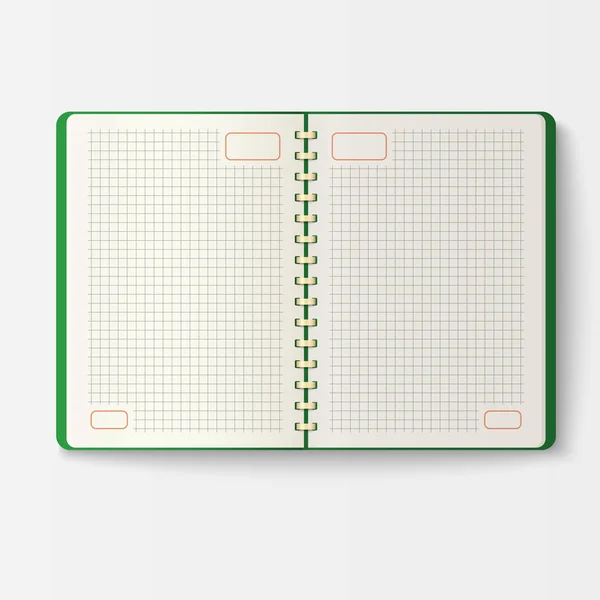 Ouvrir un carnet réaliste avec des pages journal de bureau feuille modèle livret et papier blanc éducation copybook organisateur vectoriel illustration . — Image vectorielle