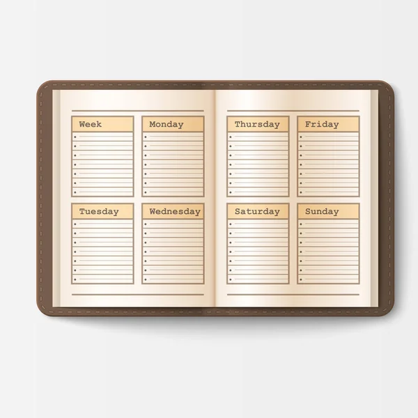 Abra o caderno realista com páginas diário folha de escritório modelo livreto e papel em branco educação Copybook organizador vetor ilustração . —  Vetores de Stock