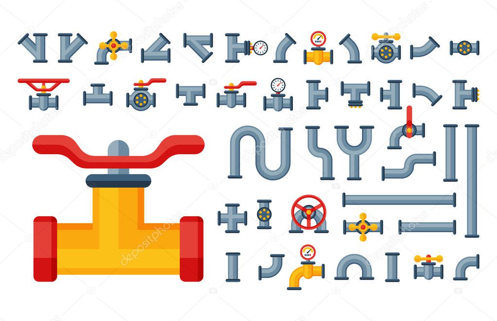 Details pipes different types collection of water tube industry gas valve construction and oil industrial pressure technology plumbing vector illustration.
