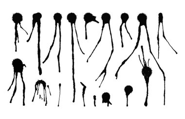 Mürekkep sıçramalarına lekesi sıçramak toplama grunge öğe ve sanat dağınık zemin rengi kirli sıvı şekil sıçrama siyah beyaz siluet tasarlamak vektör kümesi