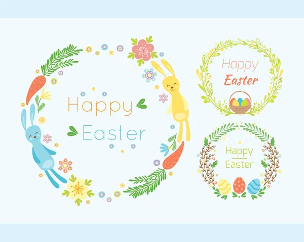 Happy easter hand drawn badge with hand lettering greeting decoration element and natural wreath handmade style vintage symbol spring flower vector illustration. — Stock Vector