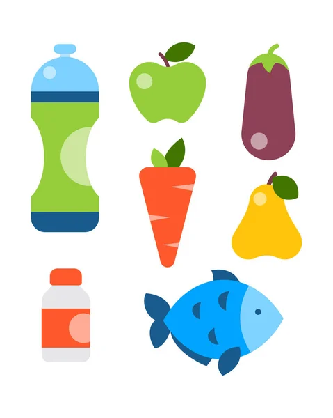 Platte iconen set fitness sport en gezonde levensstijl oefening dieet voedsel supplementen welzijn lichaam moderne design stijl vector icons collectie. — Stockvector