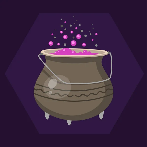 Halloween heksen ketel cartoon met roze borrelen, koken kunst magische pot en brouwsel ontwerp vakantie partij potion vectorillustratie. — Stockvector