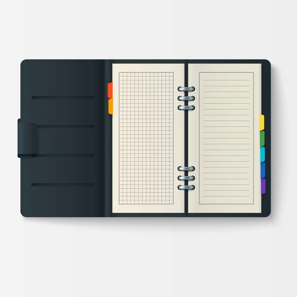 Abra o caderno realista com páginas diário folha de escritório modelo livreto e papel em branco educação Copybook organizador vetor ilustração . —  Vetores de Stock