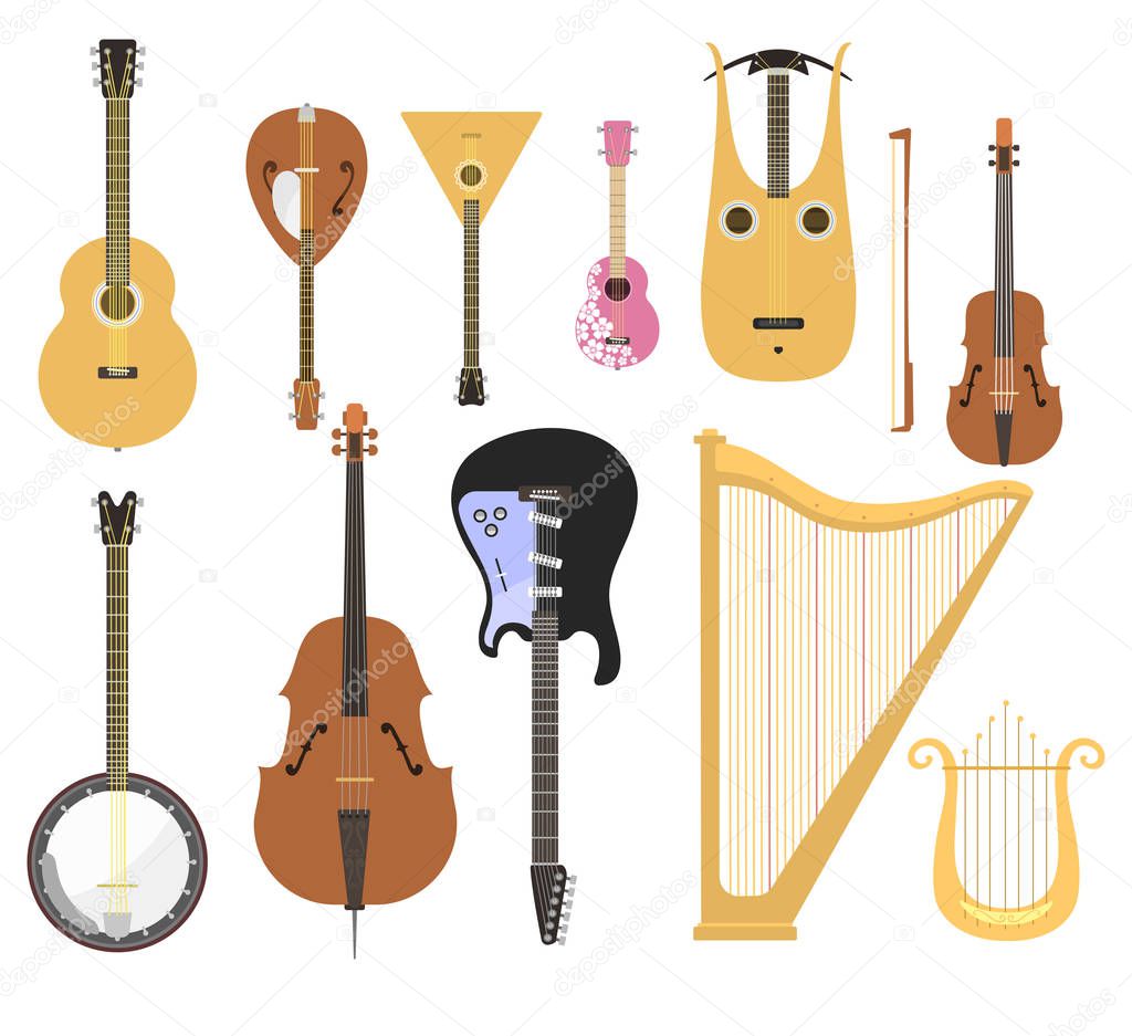 Set of stringed musical instruments classical orchestra art sound tool and acoustic symphony stringed fiddle wooden equipment vector illustration