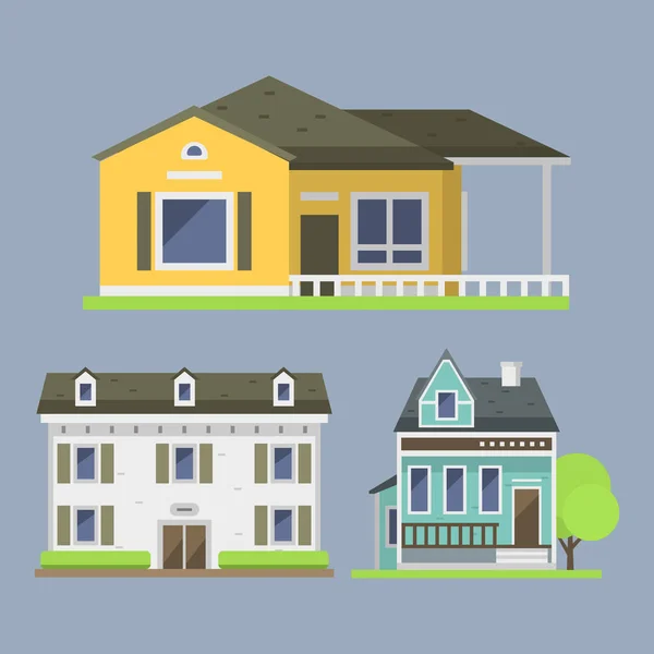 Leuke kleurrijke vlakke stijl huis dorp symbool vastgoed cottage en huisontwerp kleurrijke woongebouw bouw vector illustratie. — Stockvector