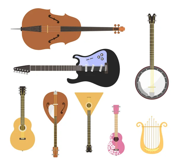 Conjunto de instrumentos musicais de cordas clássica orquestra arte som ferramenta e acústica sinfonia stringed violino equipamento de madeira vetor ilustração — Vetor de Stock