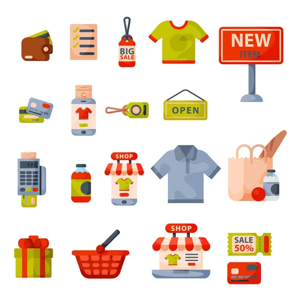 Supermercato alimentari shopping retrò cartoni animati icone insieme con i clienti carrelli cestini prodotti alimentari e commerciali isolato vettoriale illustrazione . — Vettoriale Stock