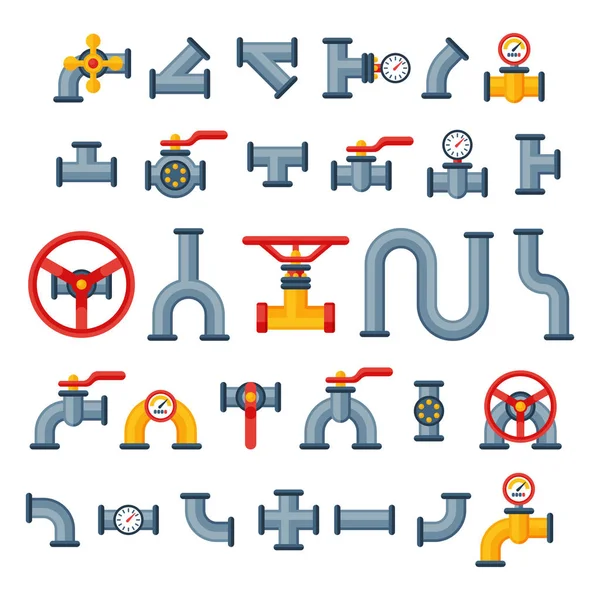 Détails tuyaux différents types de collecte de l'industrie des tubes d'eau construction de soupapes à gaz et huile technologie de pression industrielle illustration vectorielle plomberie . — Image vectorielle