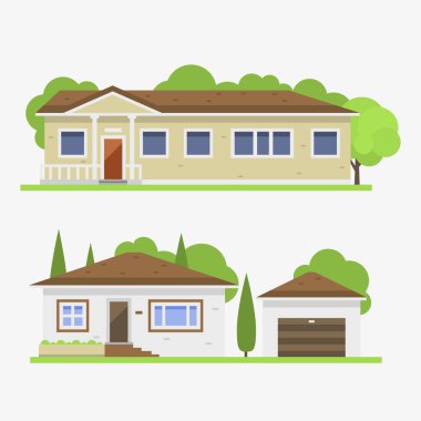 Şirin renkli düz stil evi köy sembolü Emlak evi ve ev tasarımı konut renkli Bina İnşaatı illüstrasyon vektör.