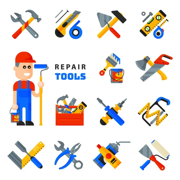 Home Reparatur Tools Symbole arbeiten Baumaschinen Set und Service Arbeiter macter Mann Charakter flachen Stil isoliert auf weißem Hintergrund Vektor Illustration. — Stockvektor