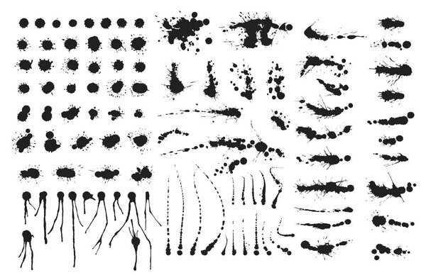 Vector set of ink splashes blots splatter collection grunge design element and art messy backdrop color dirty liquid shape spatter black white silhouette illustration