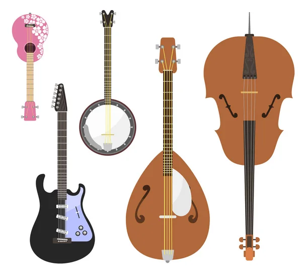 Set di strumenti musicali a corda orchestra classica strumento sonoro arte e sinfonia acustica violino a corda attrezzature in legno vettoriale illustrazione — Vettoriale Stock