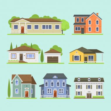 Şirin renkli düz stil evi köy sembolü Emlak evi ve ev tasarımı konut renkli Bina İnşaatı illüstrasyon vektör.