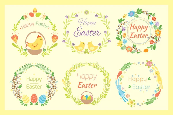 Happy easter hand drawn badge with hand lettering greeting decoration element and natural wreath handmade style vintage symbol spring flower vector illustration. — Stock Vector