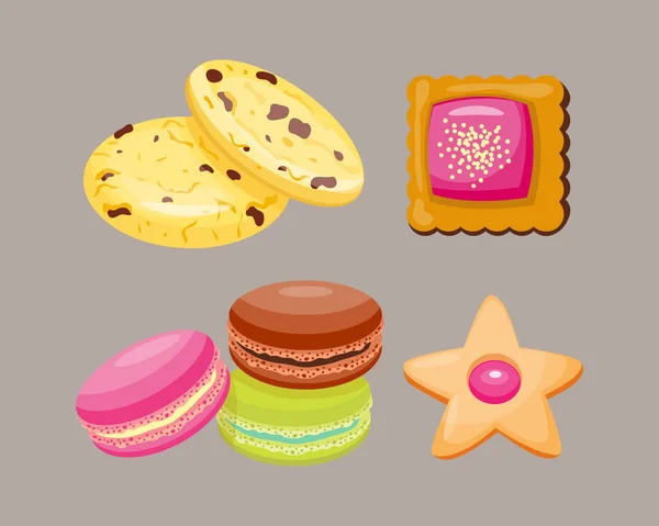 Diferentes galletas caseras desayuno hornear pasteles aislados y sabrosos bocadillo bizcocho pastelería delicioso postre dulce panadería comer vector ilustración . — Vector de stock