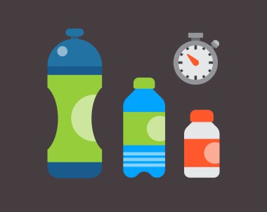 Su plastik spor şişe şeffaf mineral içecek boş ferahlık natureclean sıvı ortam öğesi vektör çizim.